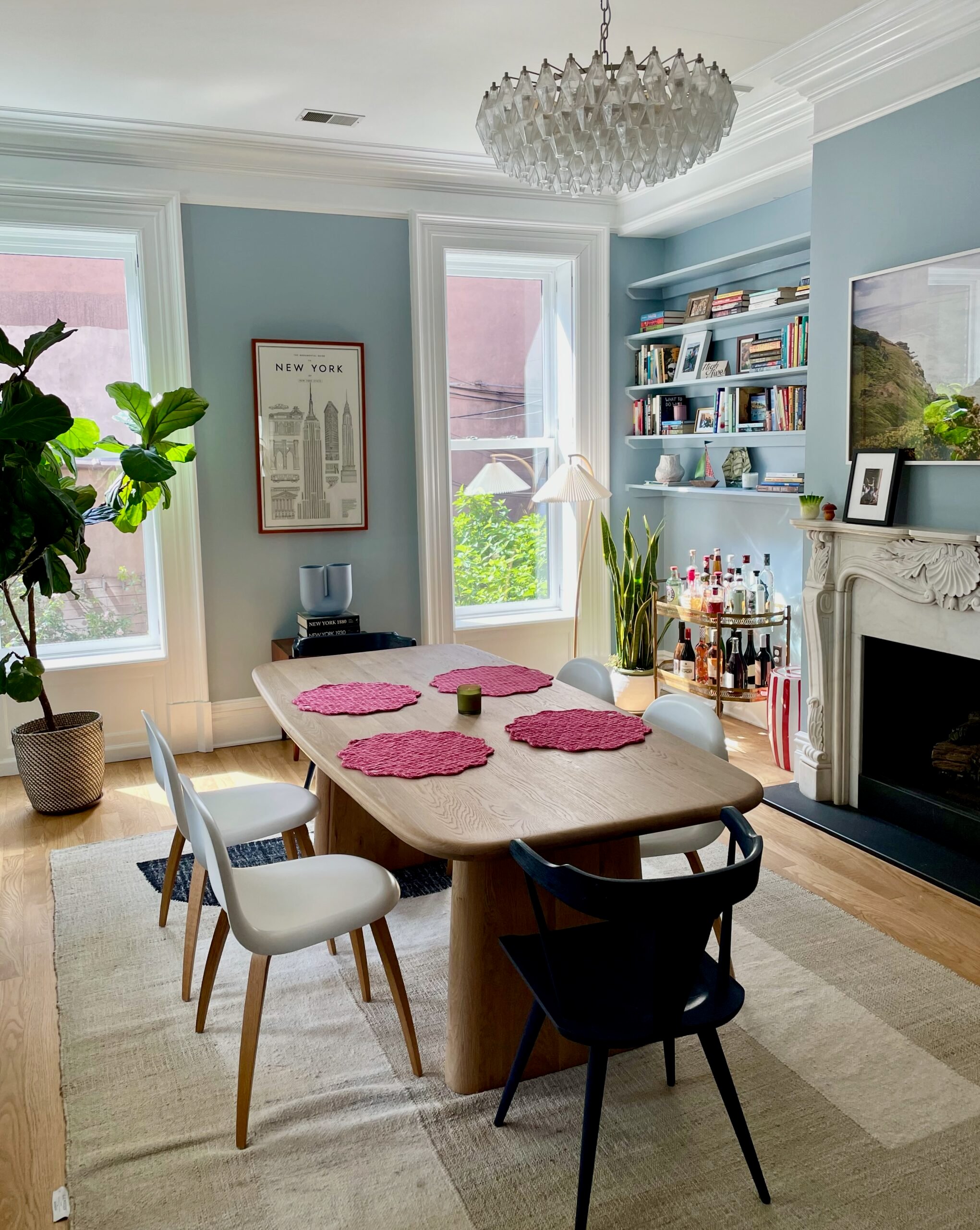 Joanna goddard dining room blue paint bookcases