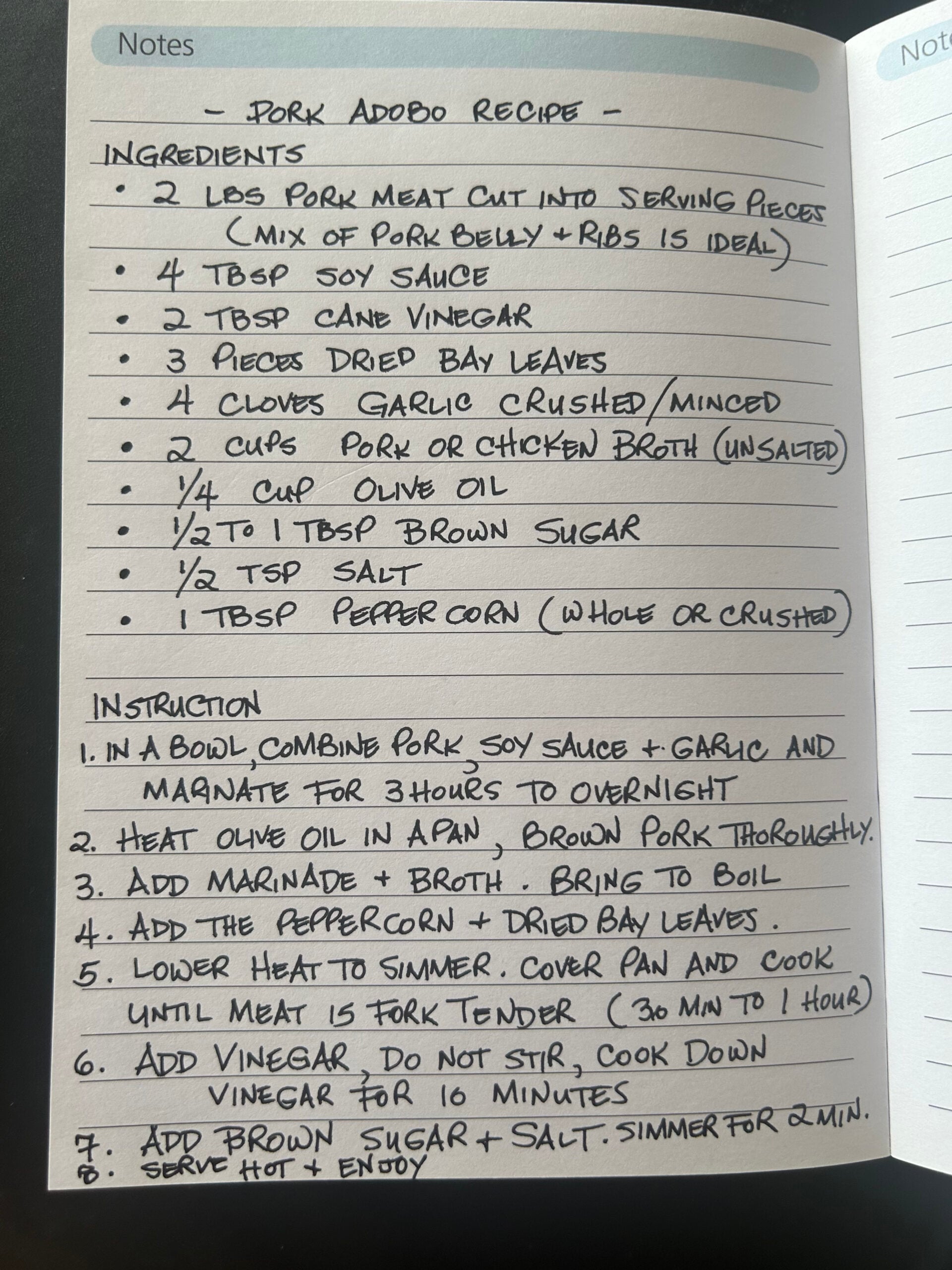Filipino Chicken Adobo handwritten recipe